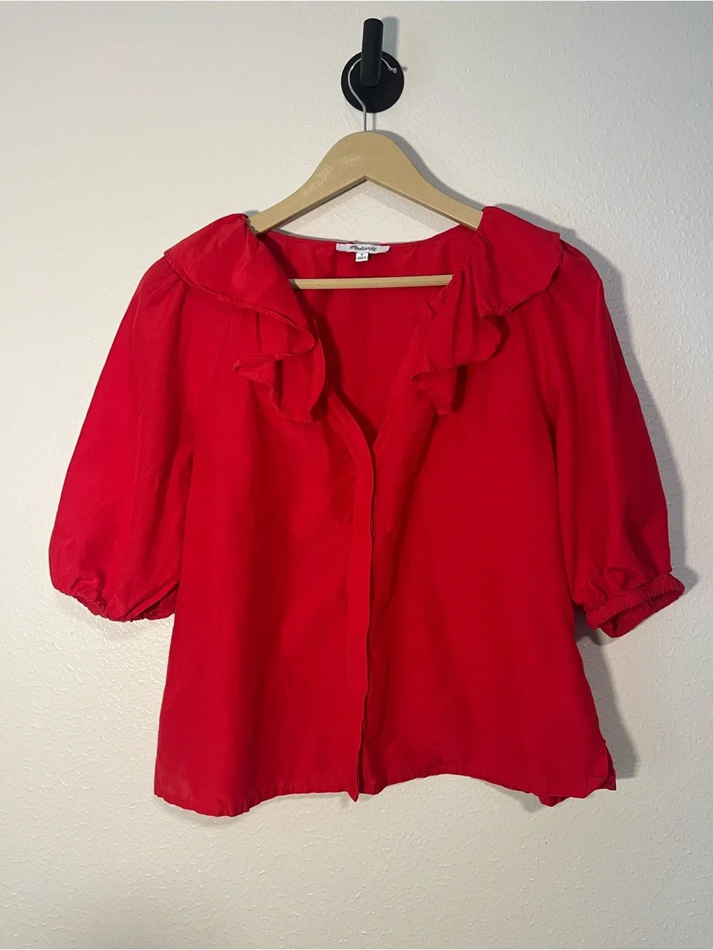 Tomato Red Madewell Silk Cotton Ruffle Collar Puff Sleeve Blouse Top Size M